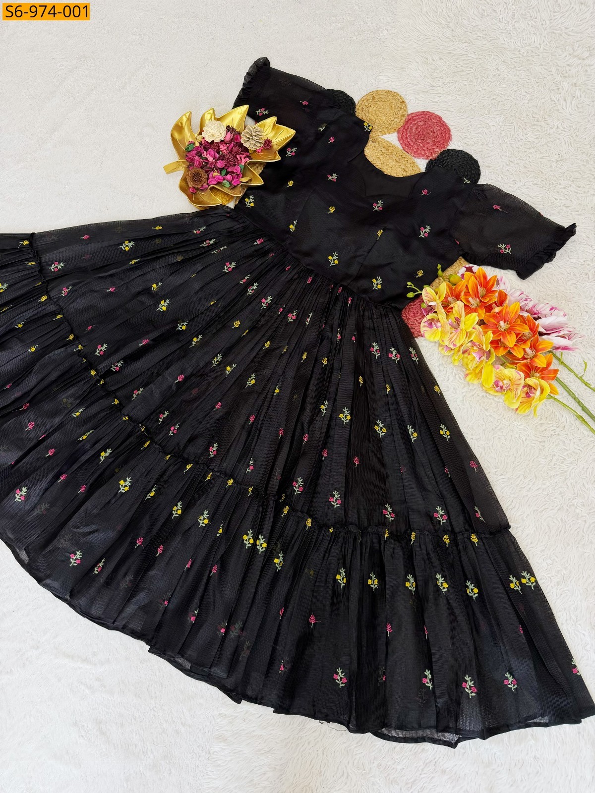 Black Fancy Soft Kota Checks Gown
