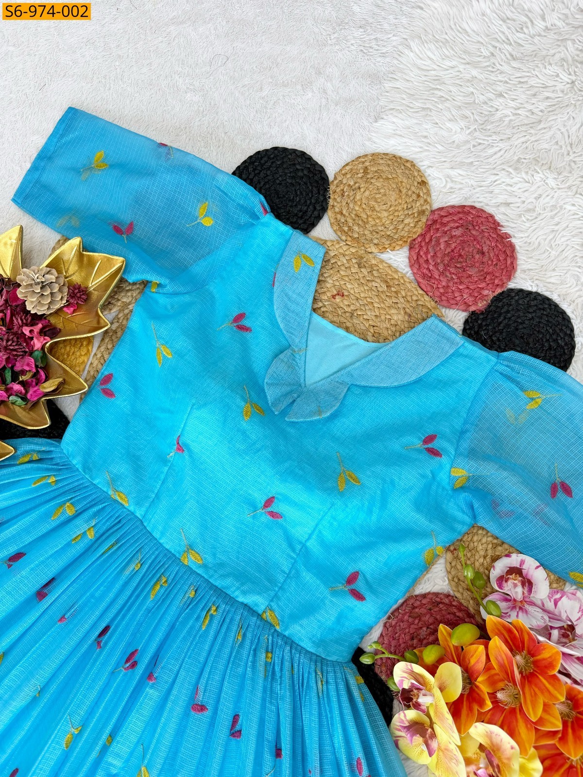 Sky Blue Fancy Soft Kota Checks Gown