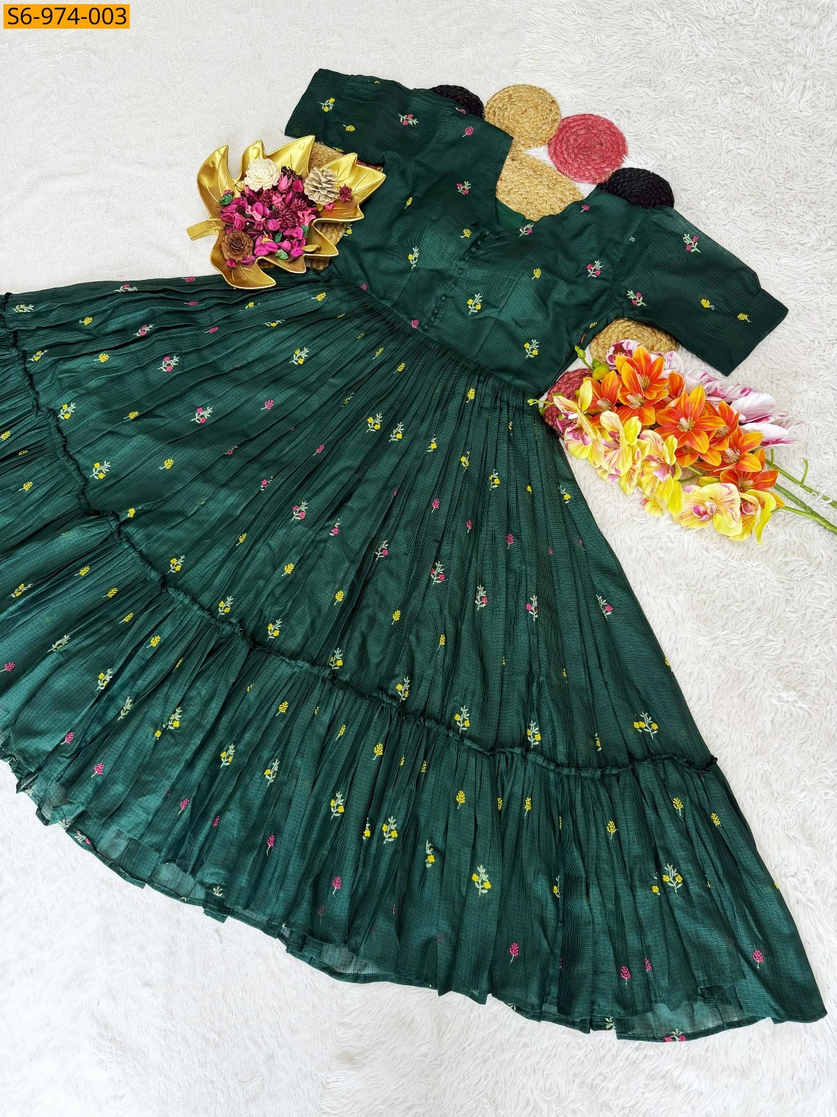 Green Fancy Soft Kota Checks Gown
