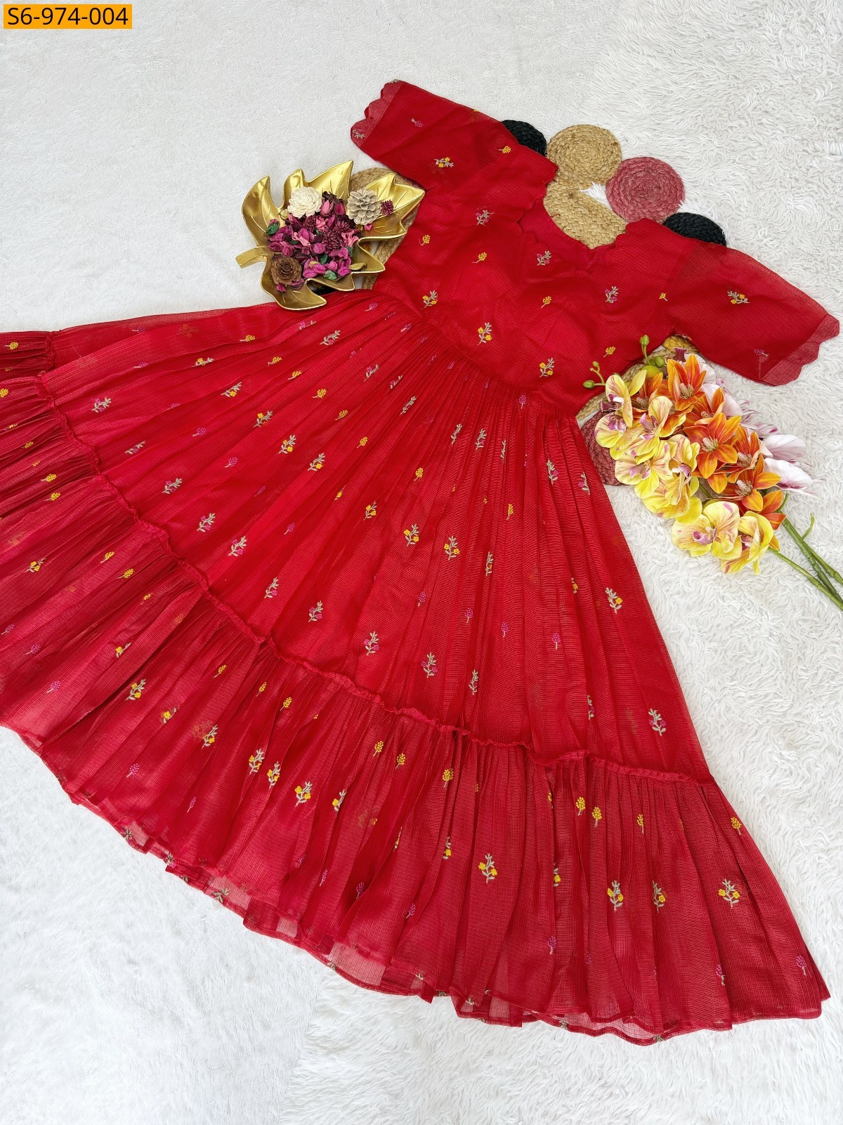 Red Fancy Soft Kota Checks Gown
