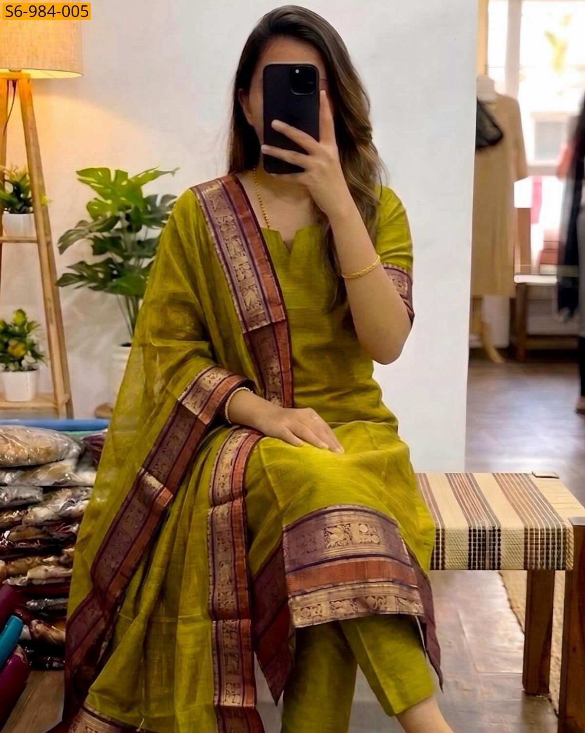 Green Fancy Kanchi Cotton Top And Dupatta