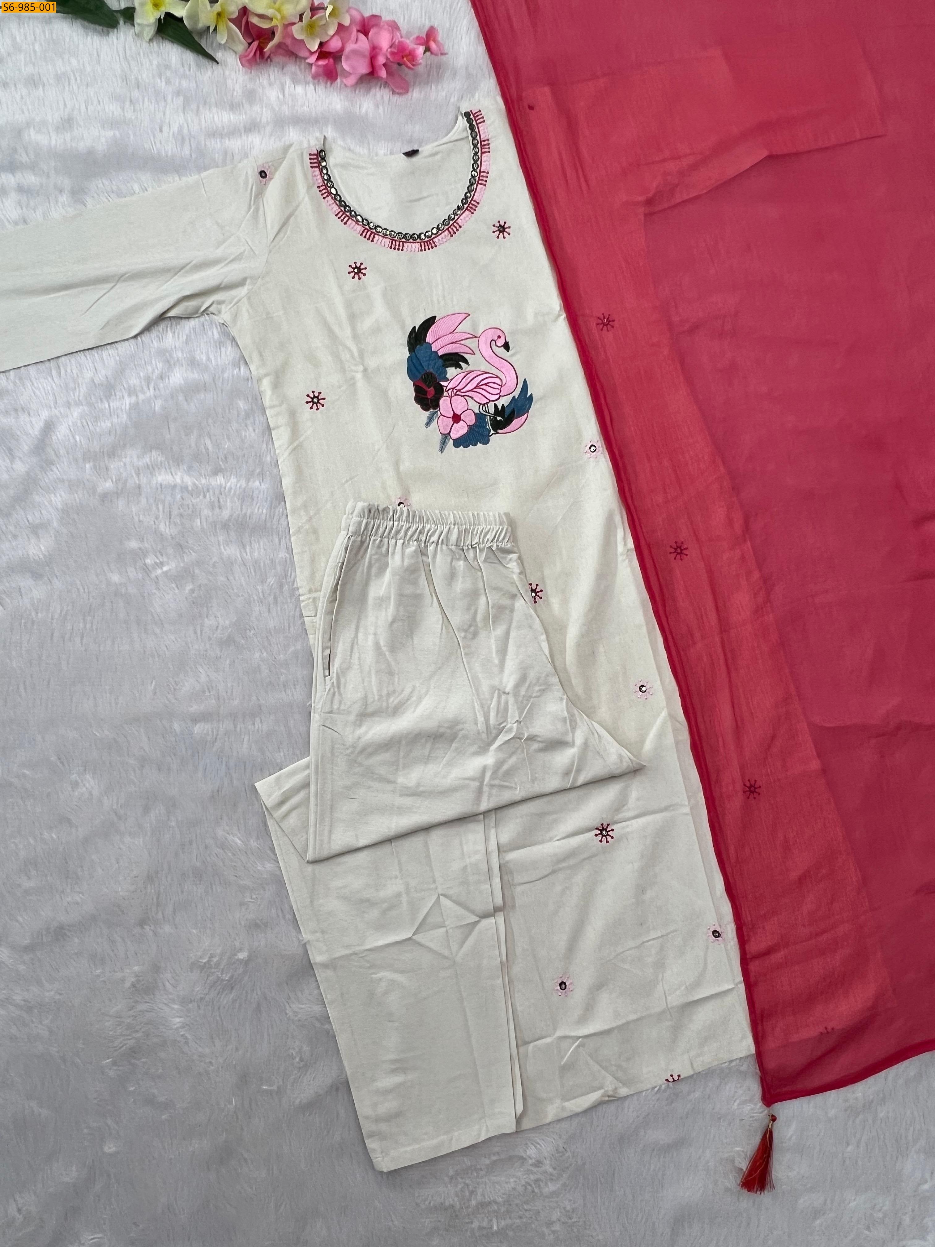 White Fancy Khadi Cotton Kurti Pant Dupatta Set