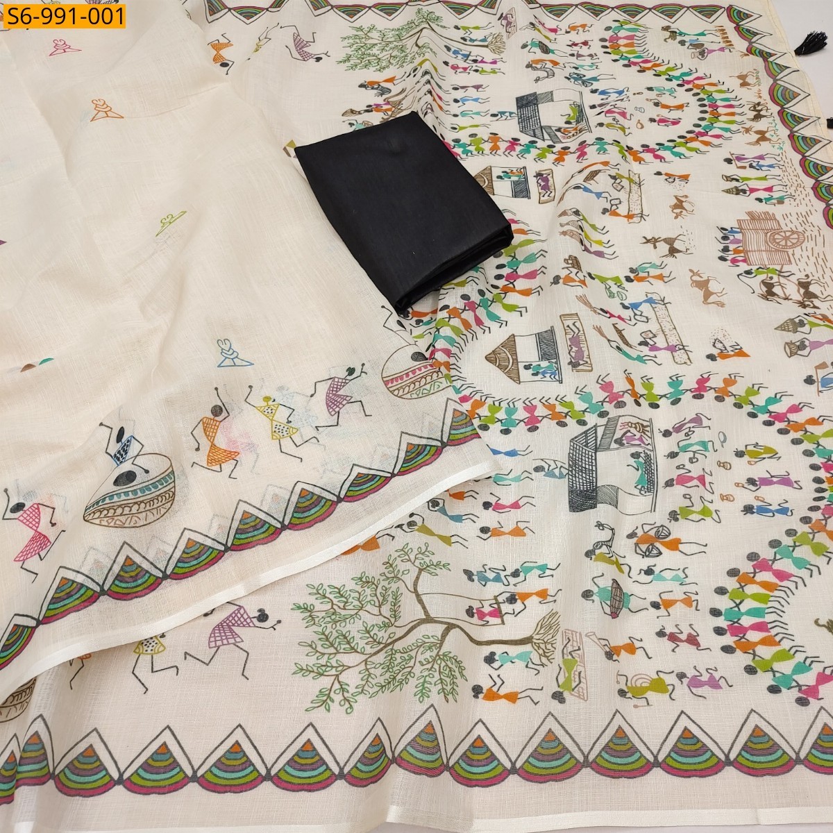 Half White Fancy Soft Linen Cotton Saree