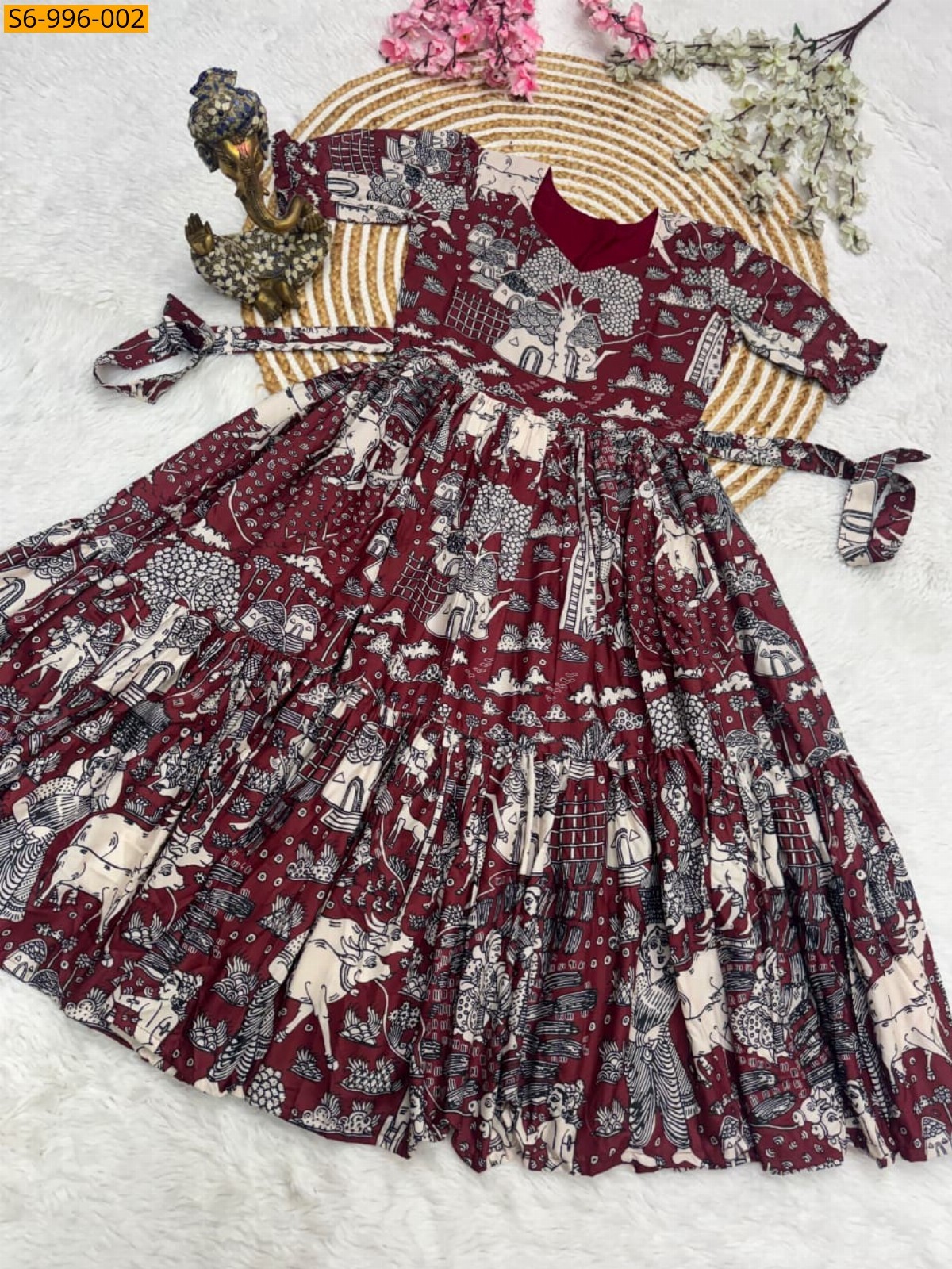 Maroon Fancy Muslin mix Cotton Maxi