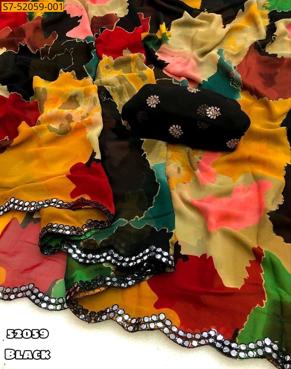 Black Fancy Chiffon Multi Design Printed Saree