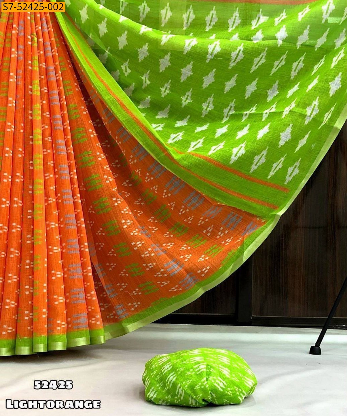 Light Orange Fancy Soft Lenin Ikkat Saree