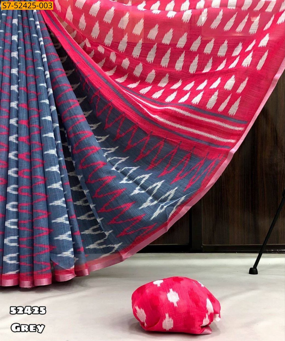 Grey Fancy Soft Lenin Ikkat Saree