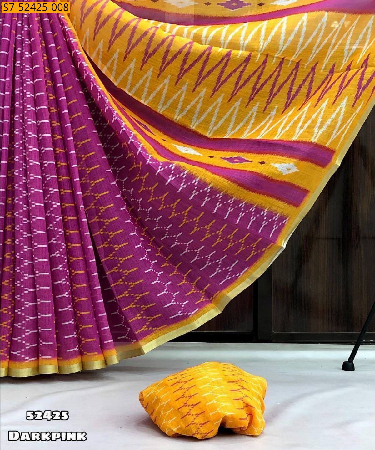 Dark Pink Fancy Soft Lenin Ikkat Saree