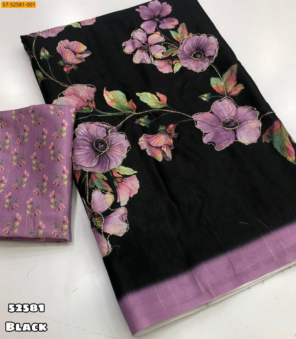 Black Embroidery Tussar Silk Saree