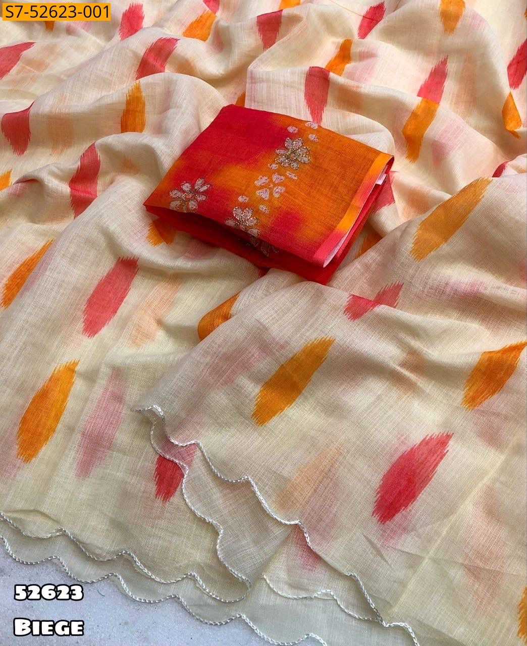 Biege Fancy linen brush printed sarees