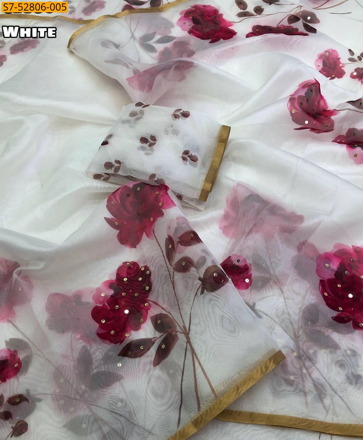 White Organza floral digital printed  Saree