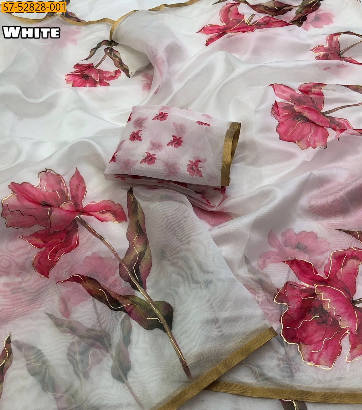 White Fancy Organza Floral Digital Printed Saree