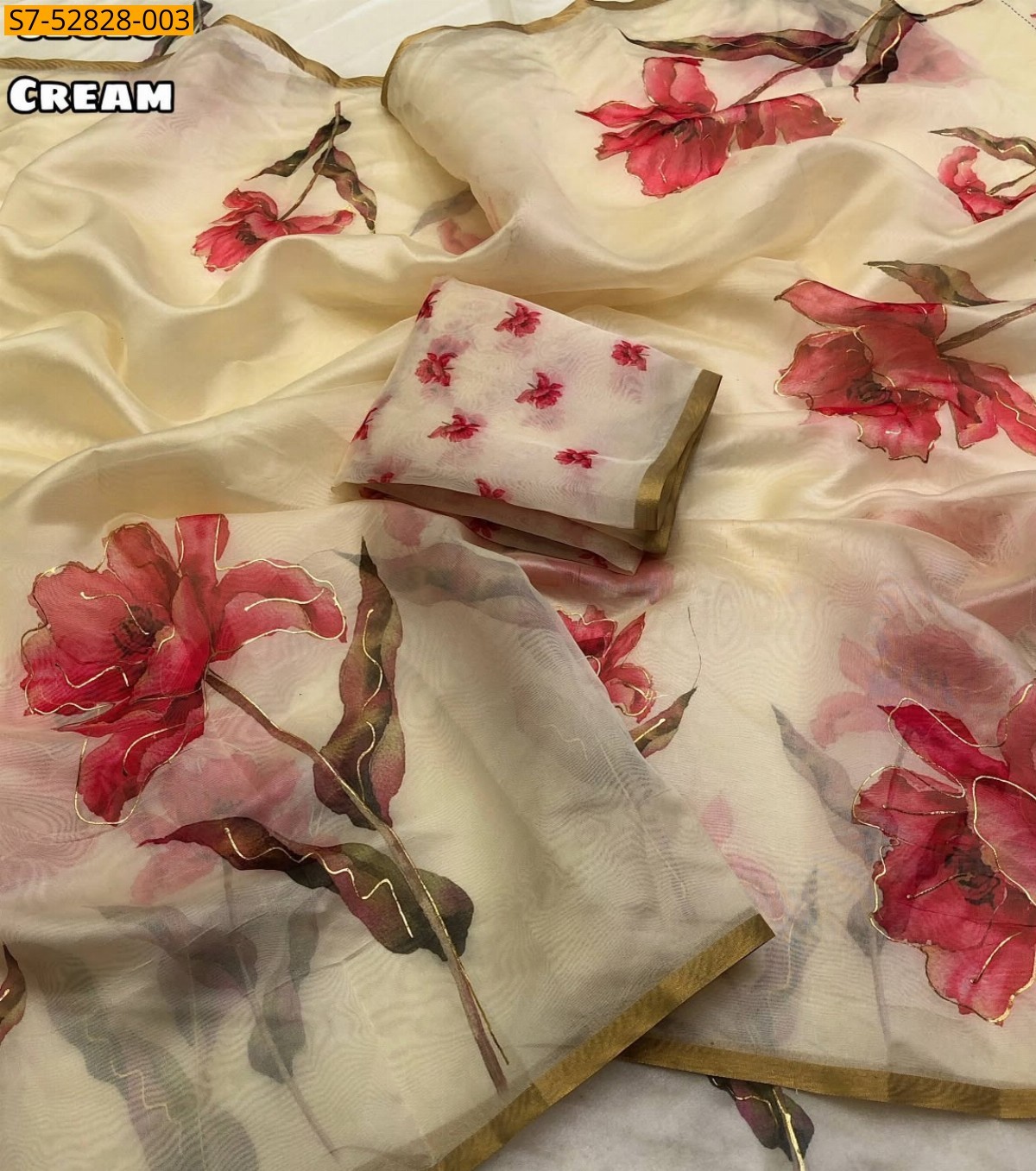 Cream Fancy Organza Floral Digital Printed Saree