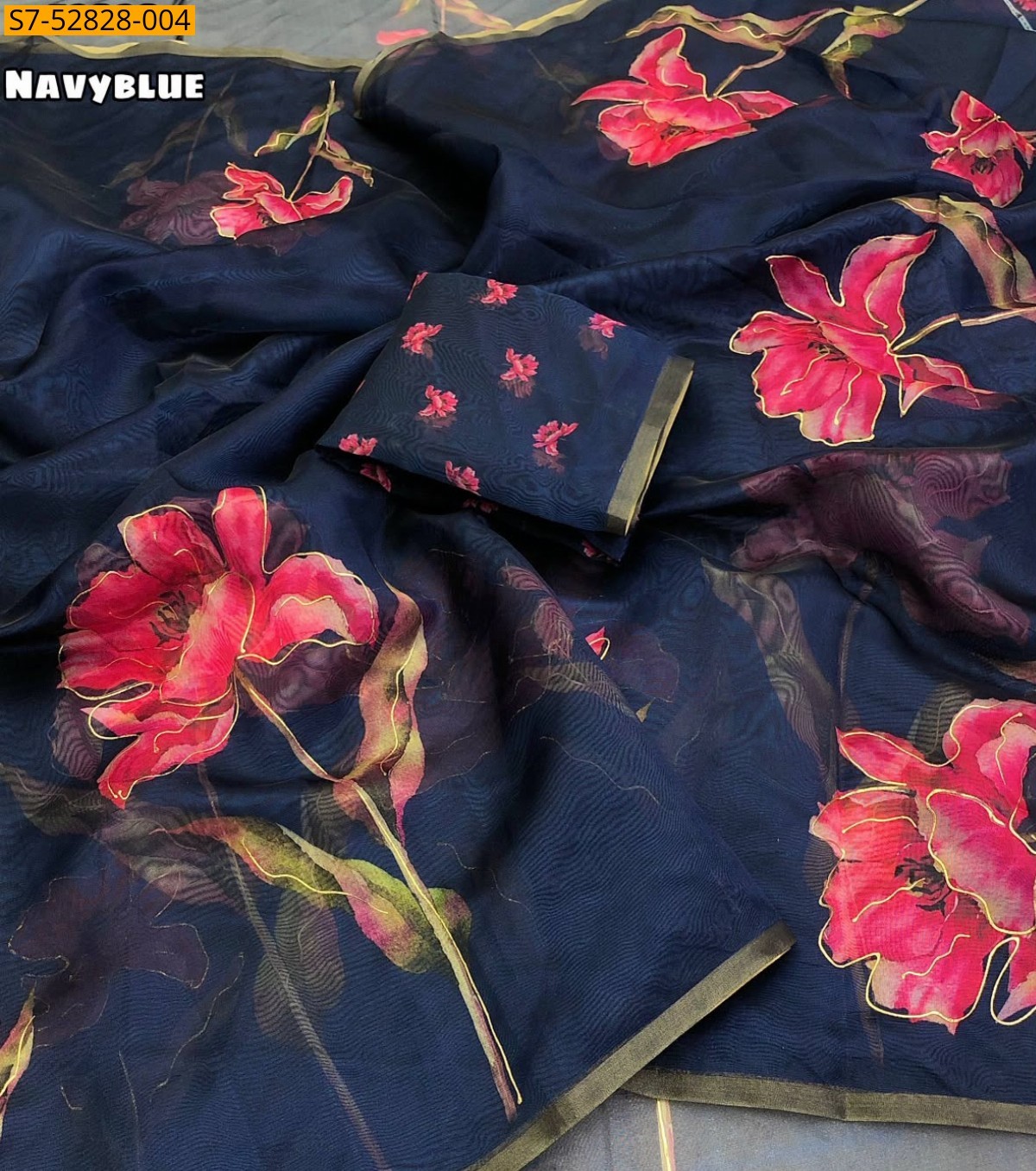 Navy Blue Fancy Organza Floral Digital Printed Saree