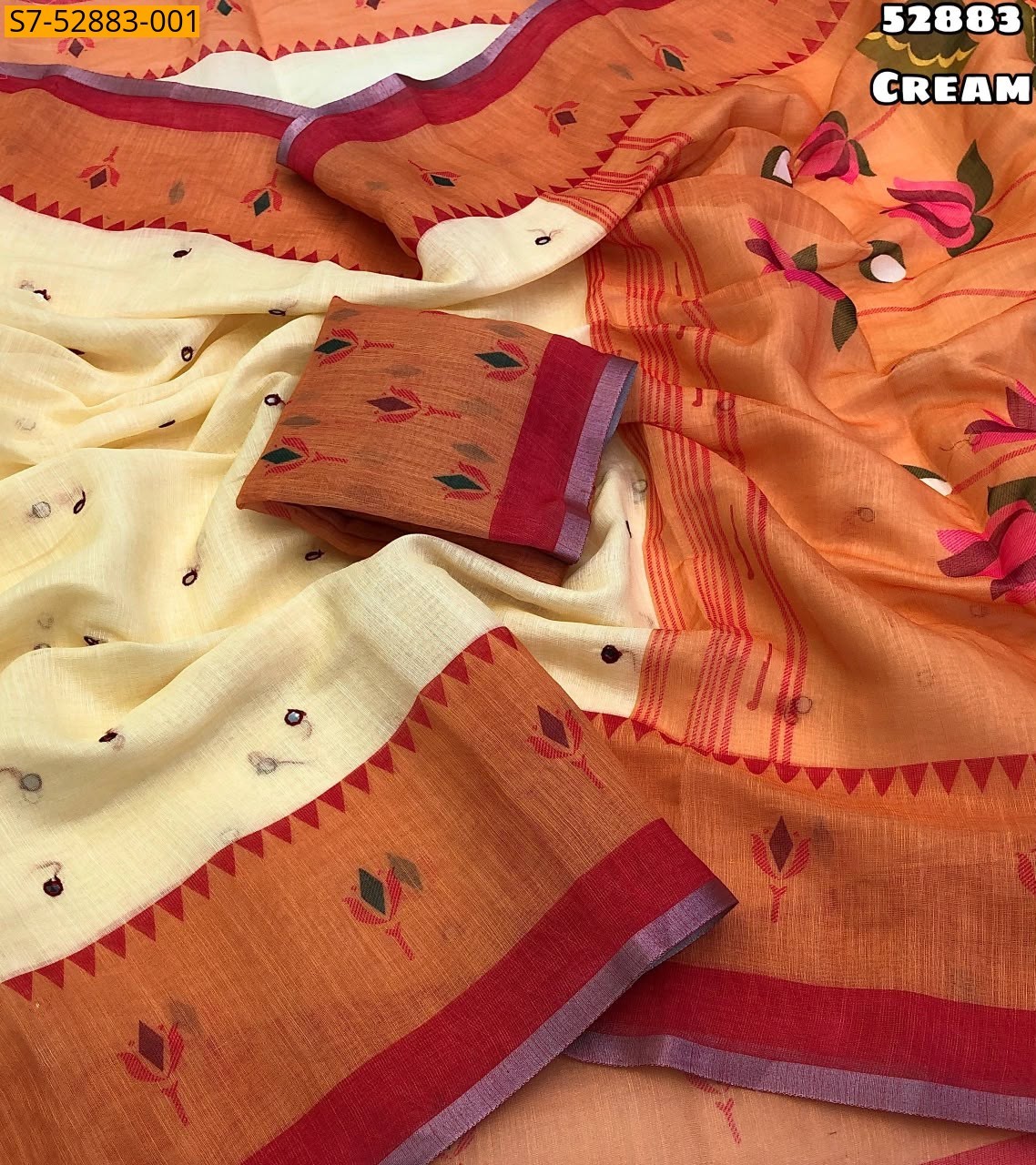 Cream Fancy Soft Linen Saree