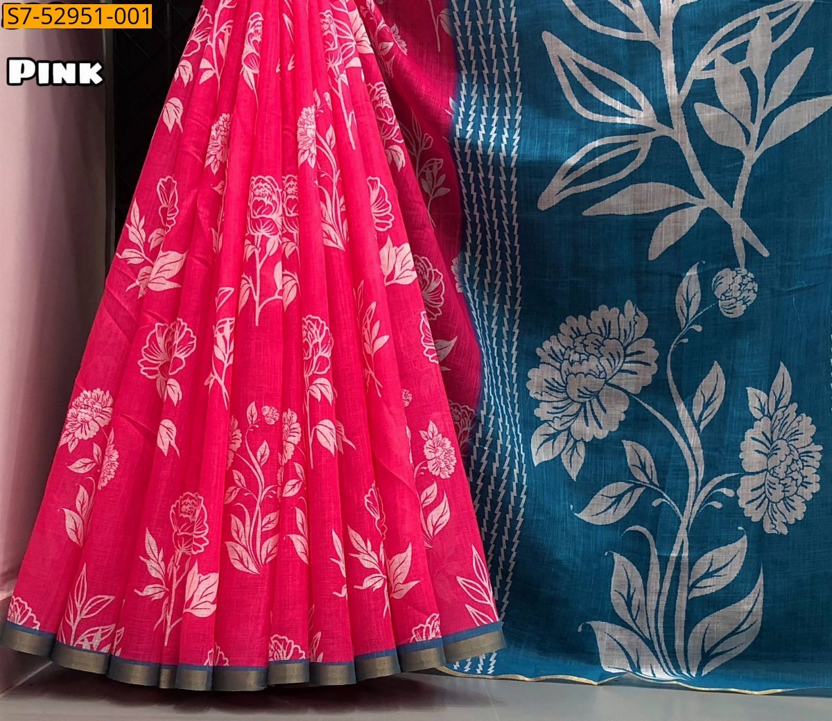 Pink Fancy Soft Linen Floral Digital Printed Saree