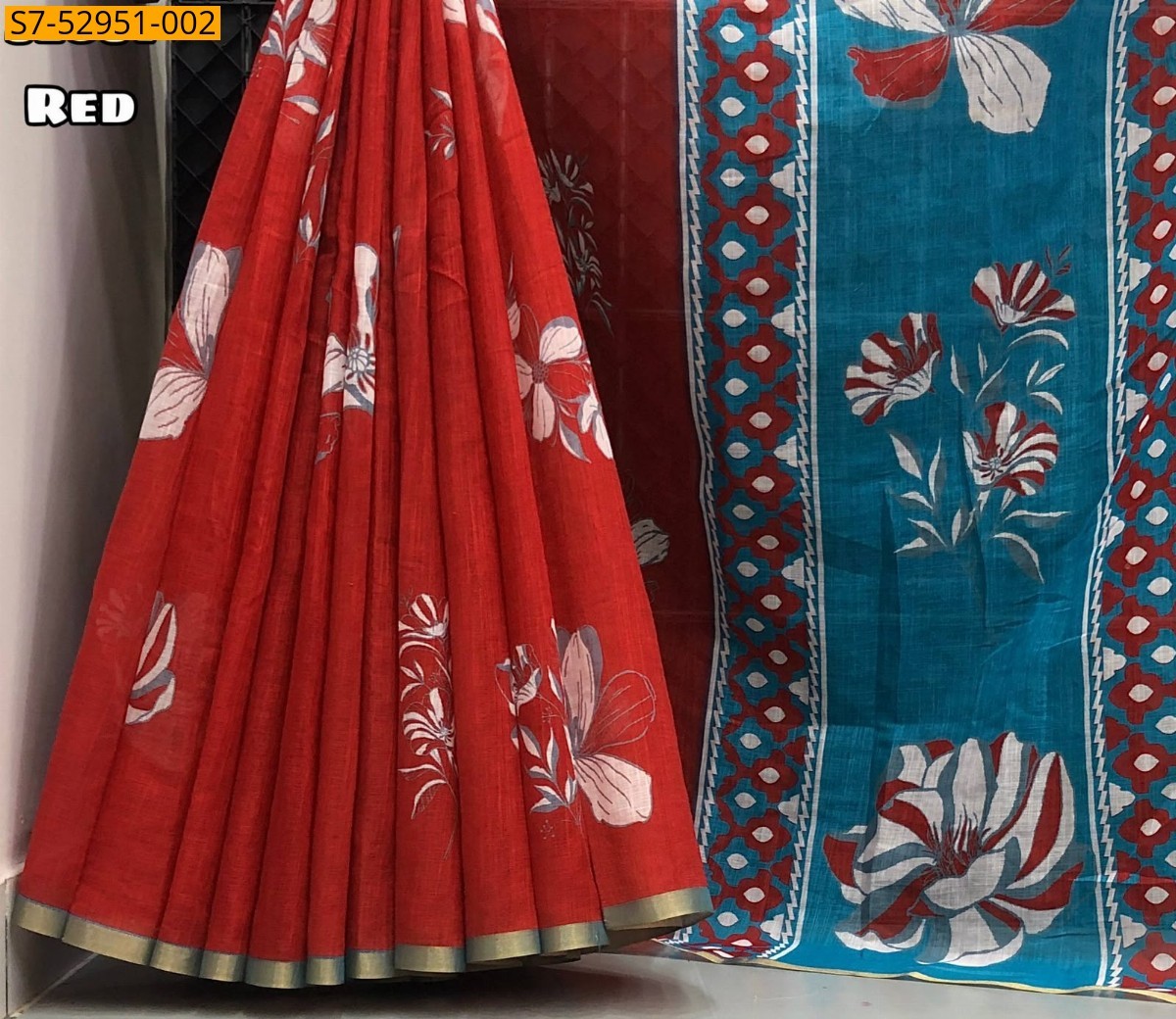 Red Fancy Soft Linen Floral Digital Printed Saree