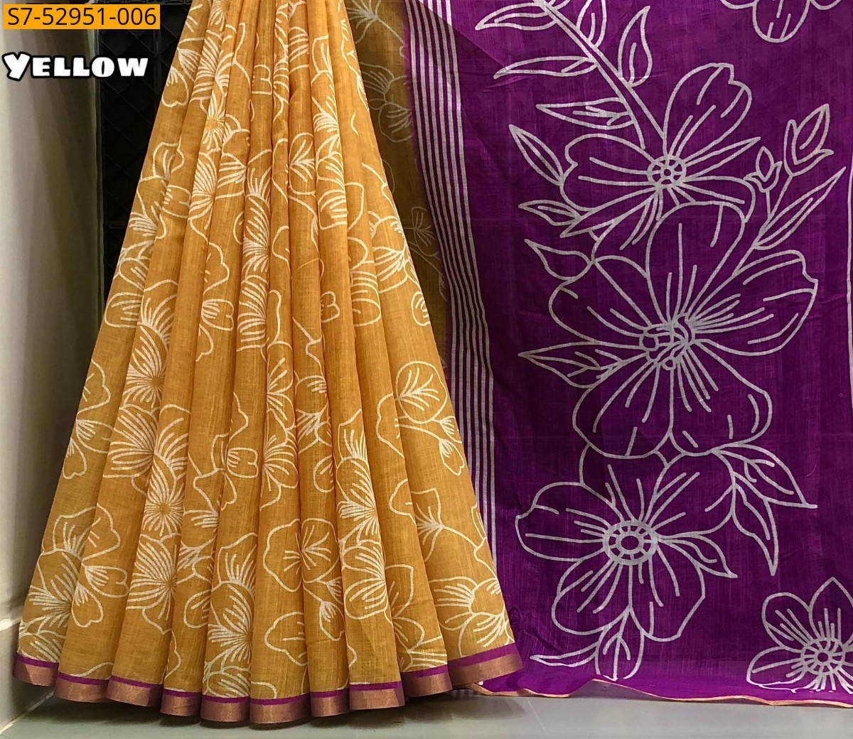 Yellow Fancy Soft Linen Floral Digital Printed Saree