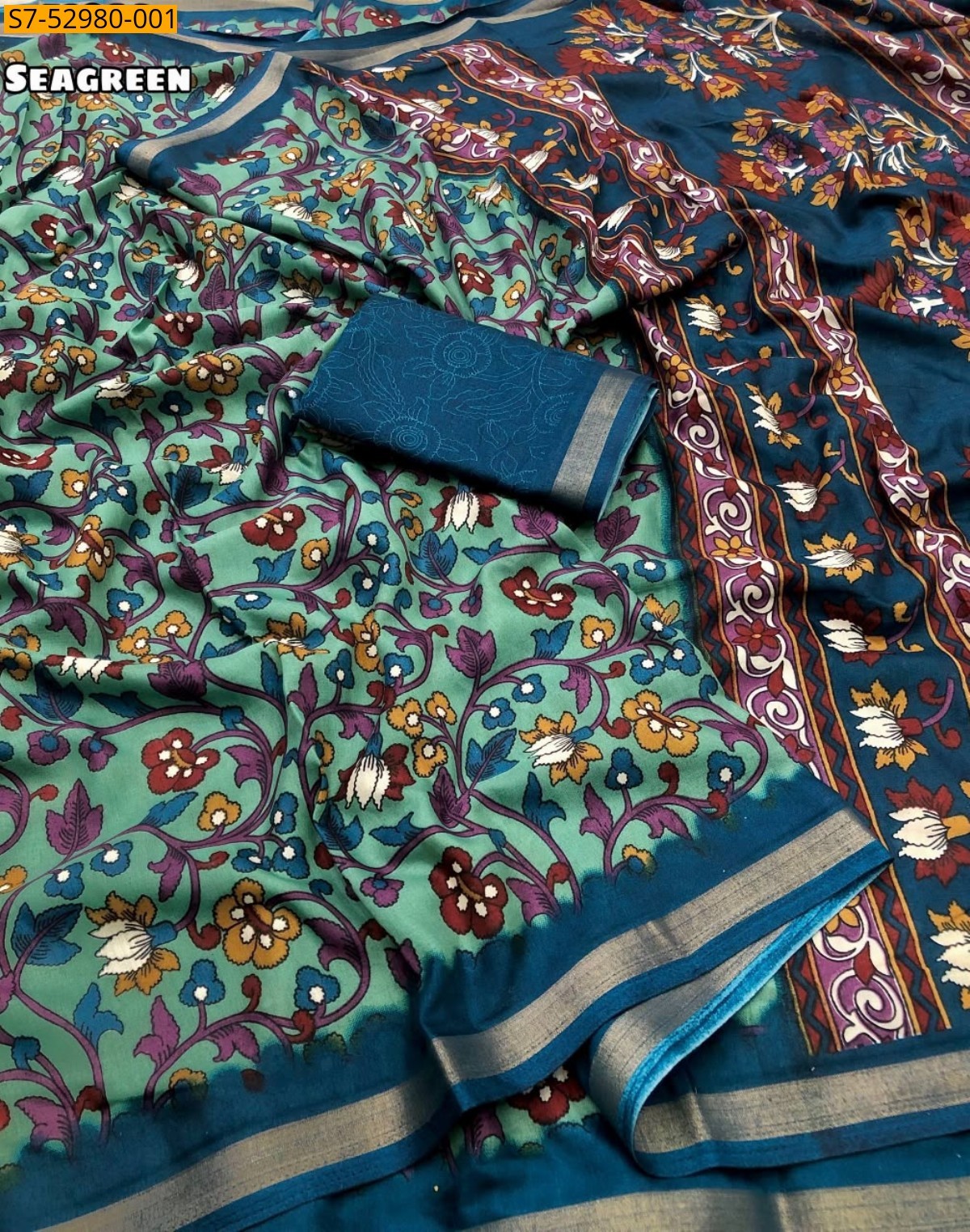 Sea Green Fancy Mul cotton floral printed saree 