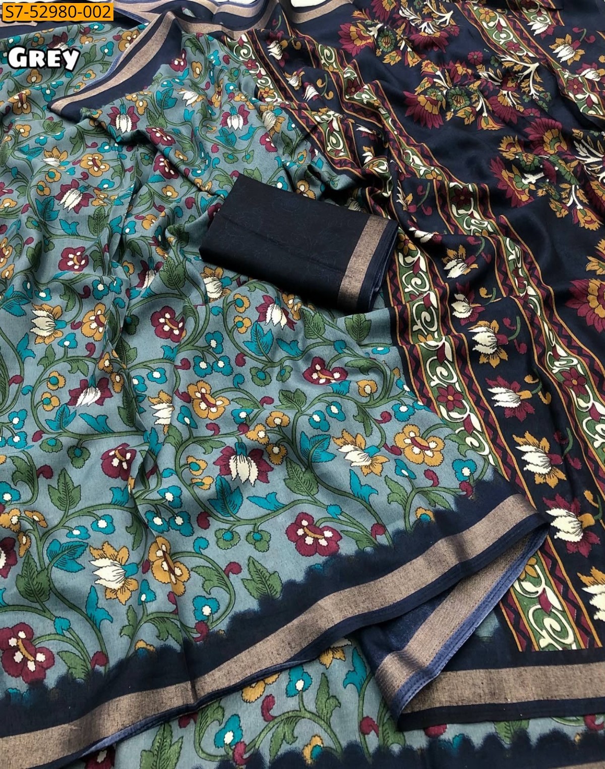 Grey Fancy Mul cotton floral printed saree 