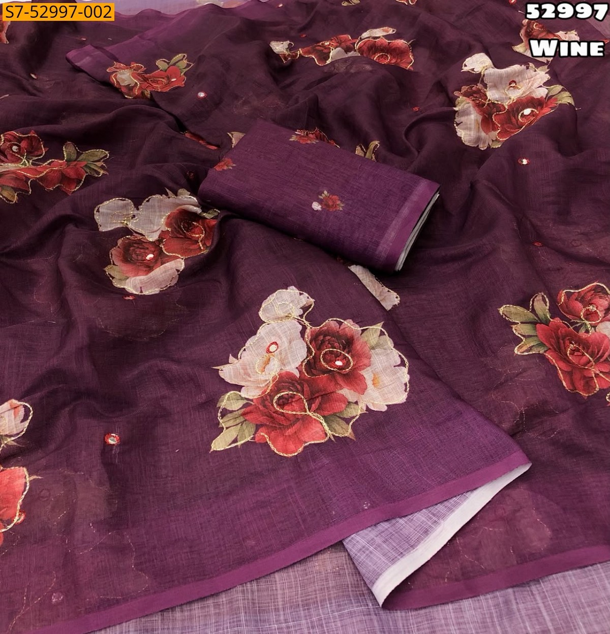 Wine Fancy Soft Linen Saree