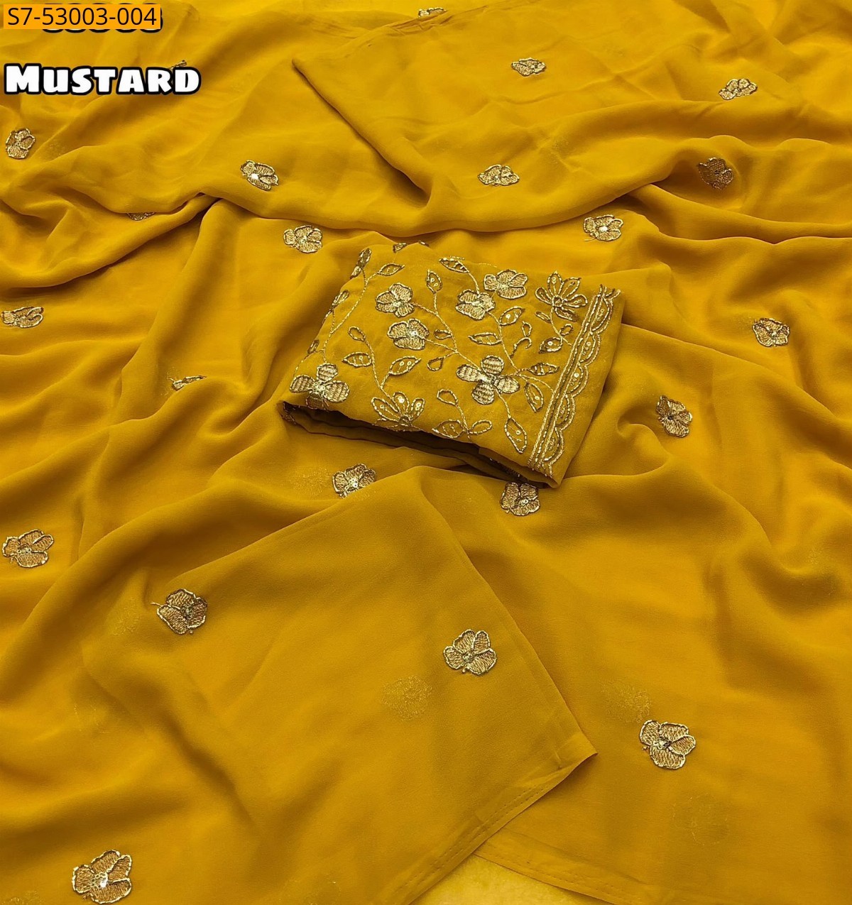 Mustard Fancy Faux Georgette Embroidery Saree