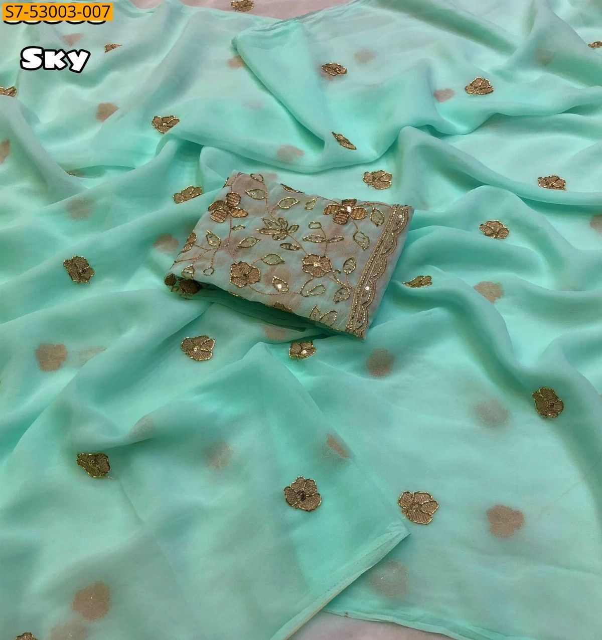Sky Blue Fancy Faux Georgette Embroidery Saree