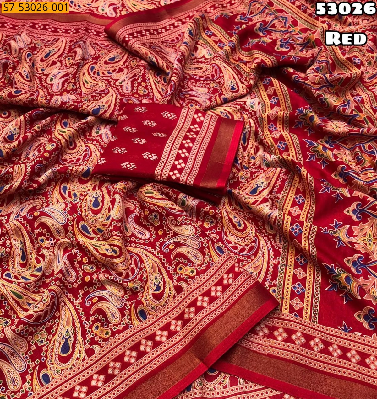 Red Fancy Soft Mul Cotton Ajrakh Print Saree