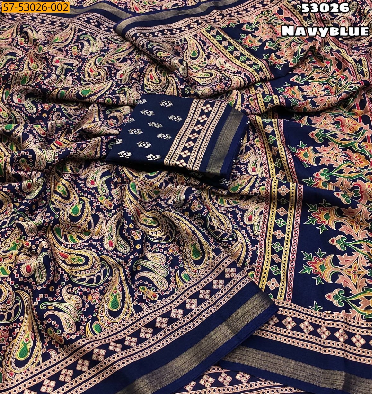 Navy Blue Fancy Soft Mul Cotton Ajrakh Print Saree