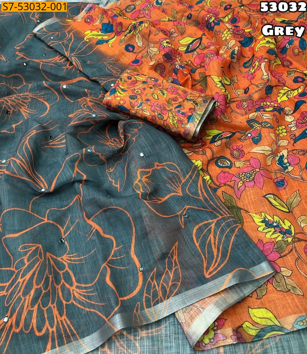 Grey Fancy Soft lenin Saree