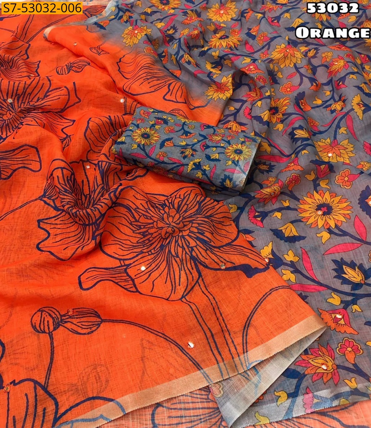 Orange Fancy Soft lenin Saree
