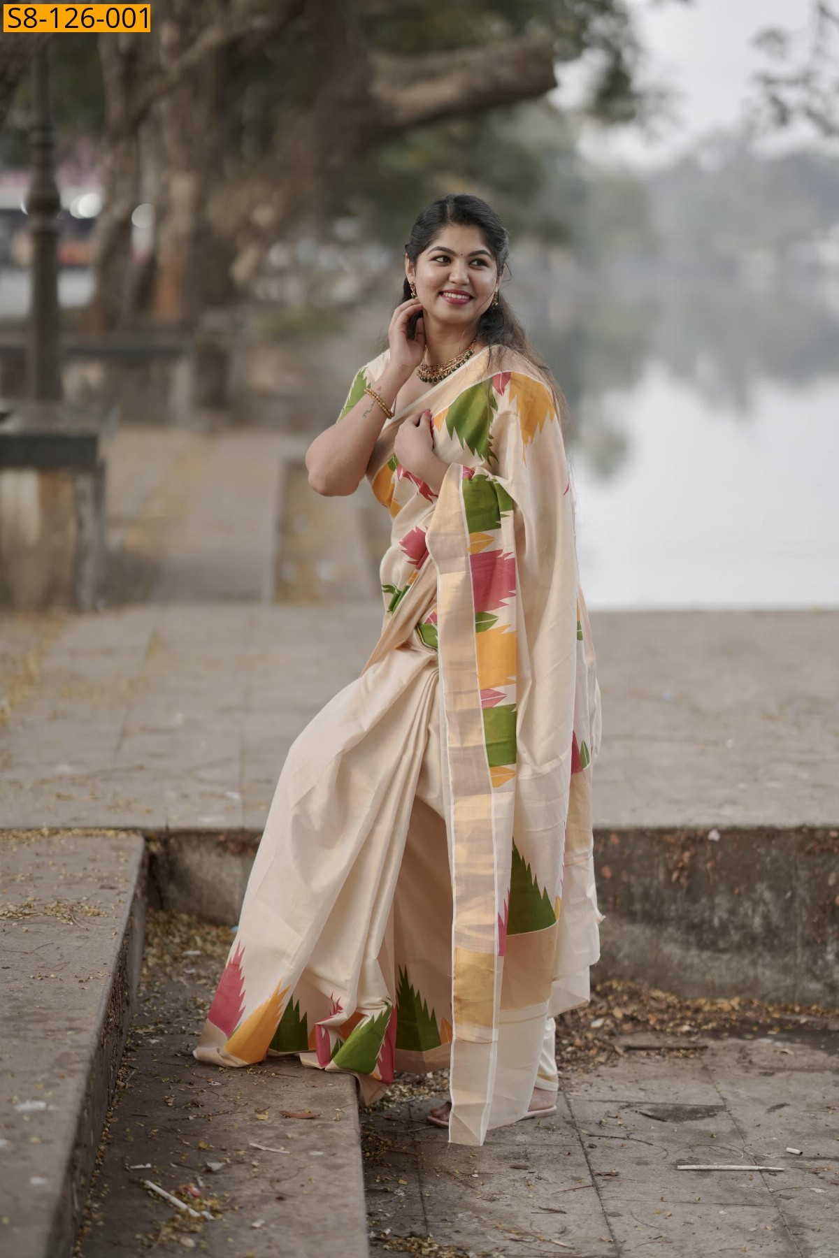 Half White Multi colour Temple Golden tissue saree