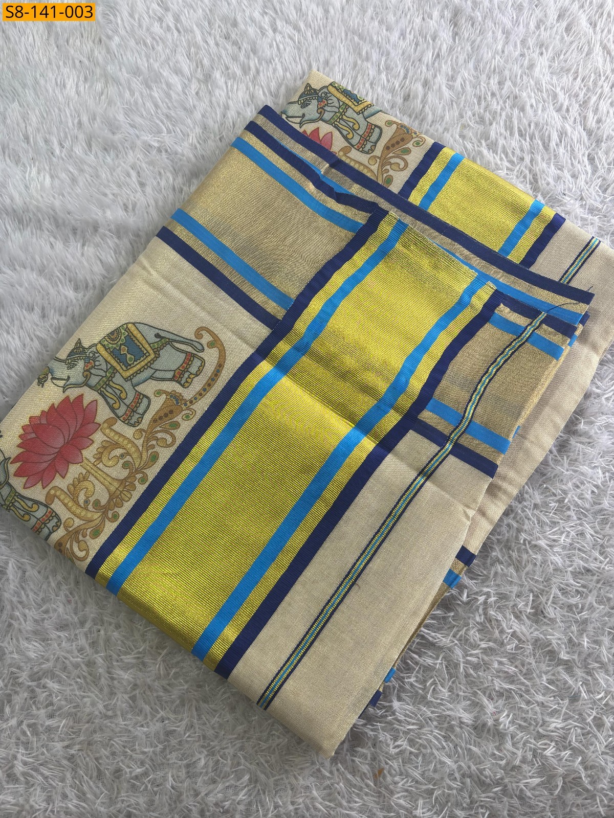 Gold With Blue Fancy Tissue saree