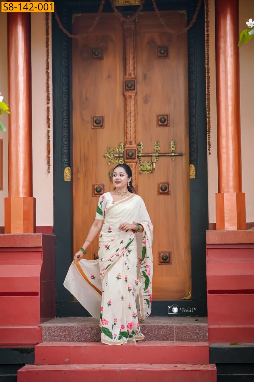 White Fancy Cotton Small Lotus Saree