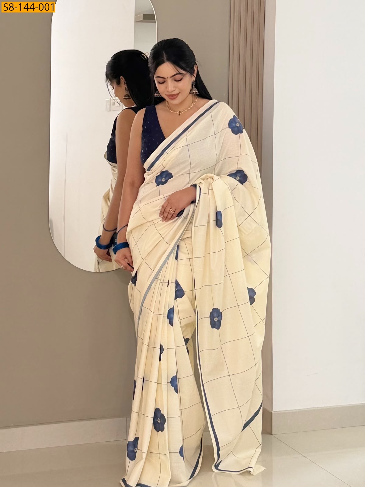 Half White Fancy Cotton Checks Saree